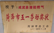 成武縣德赢·VWIN燃氣有限公司獲得2014年度“菏澤市五一勞動獎狀”及“菏澤市學習型組織標兵單位”稱號